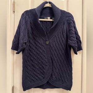 Chunky cable knit navy short sleeve one button cardigan shawl collar XL Preppy
